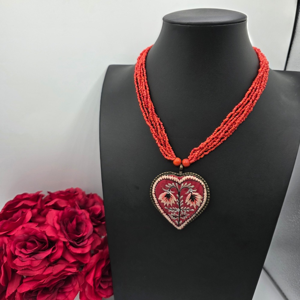 Red Multi-Strand Seed Bead Necklace Embroidered Floral Heart Pendant Rhinestone